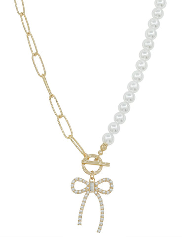 Gold & Pearl Bow Necklace