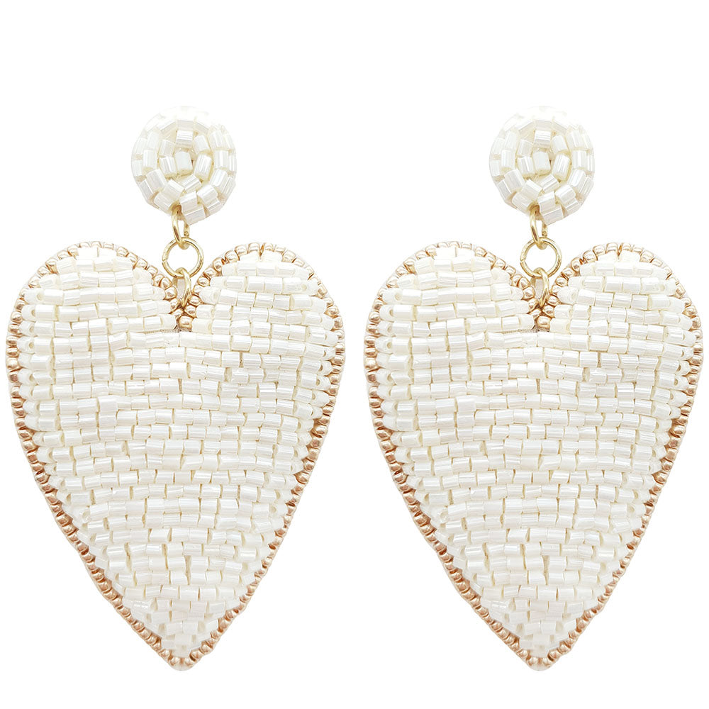 Gold & White Beaded Heart Earrings