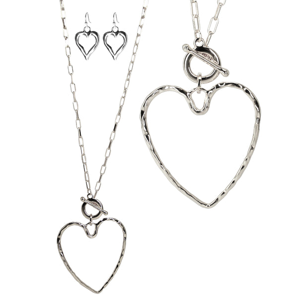 Hammered Heart Toggle Necklace & Earring Set