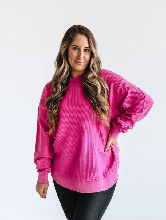 ROUNDED BOTTOM Cozy Cord Crew Sweatshirt - DEEP PINK