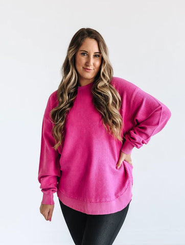 ROUNDED BOTTOM Cozy Cord Crew Sweatshirt - DEEP PINK