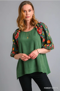 Green Embroidered Floral Sleeves Top