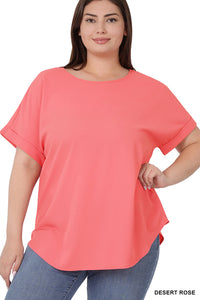 Rolled Sleeve Boat Neck Top - Desert Rose