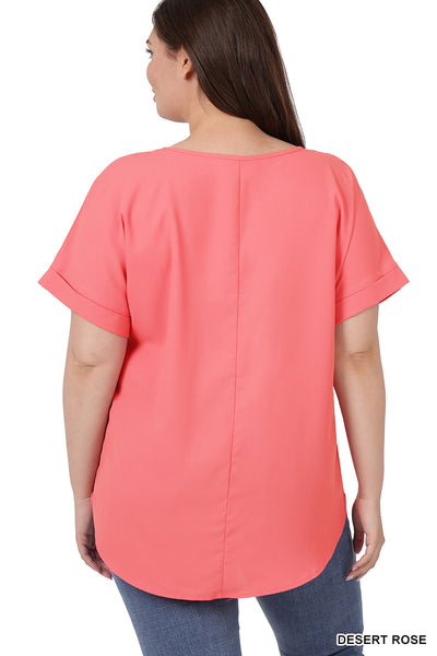 Rolled Sleeve Boat Neck Top - Desert Rose