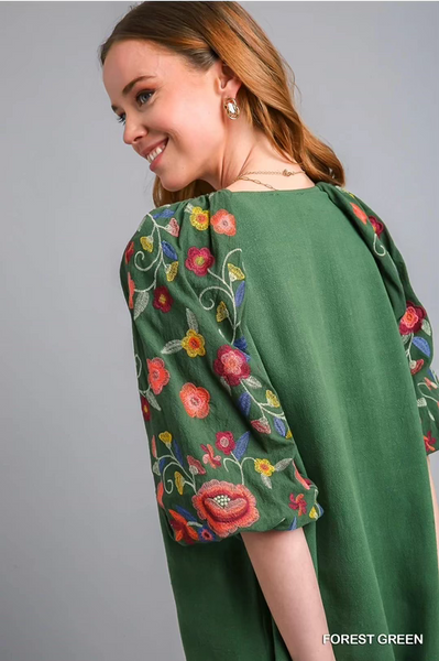 Green Embroidered Floral Sleeves Top
