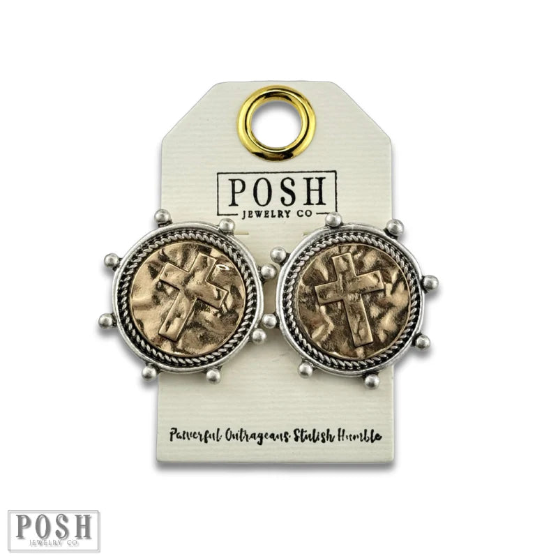 Two Tone Cross Post Earrings-Silver