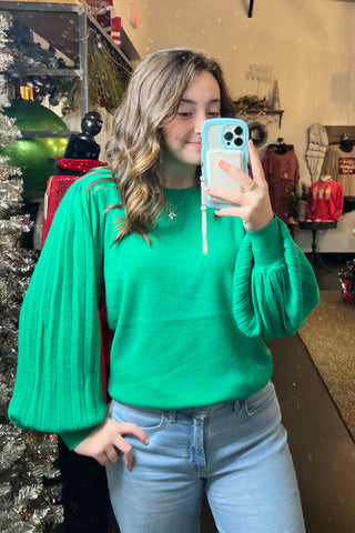 Emerald Pleated Puff Sweater