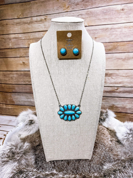 Turquoise Oval Flower Necklace Set