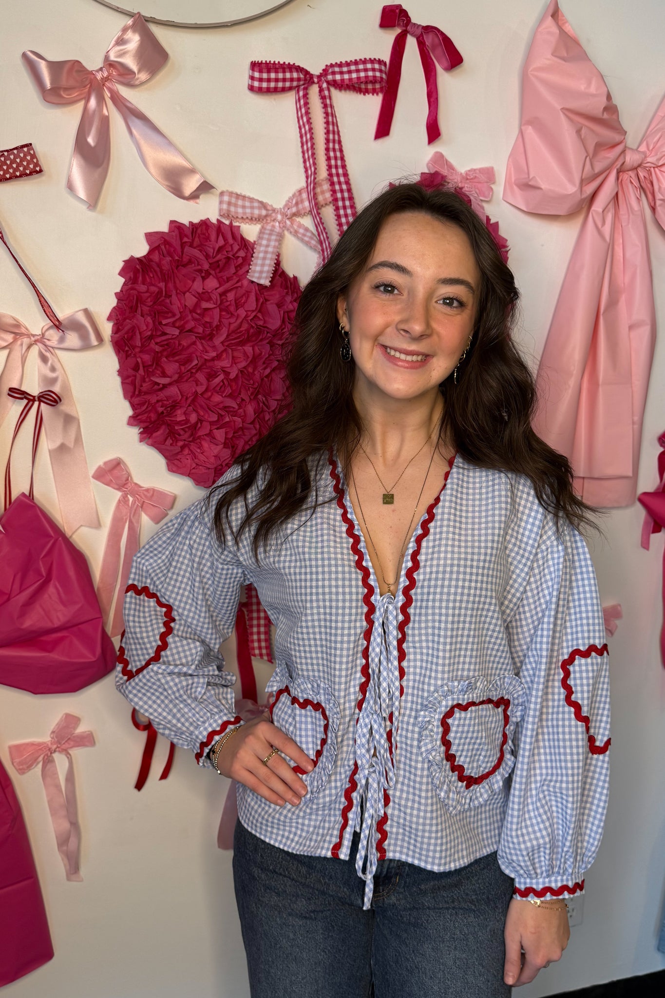 Blue Gingham Heart Tie Top