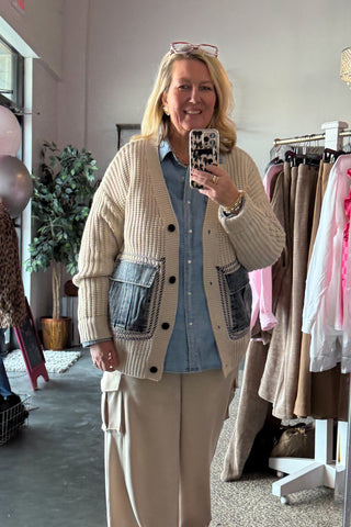 Oatmeal Knit Cardigan with Denim Pockets