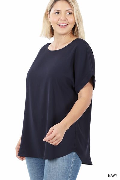 Rolled Sleeve Boat Neck Top - Navy