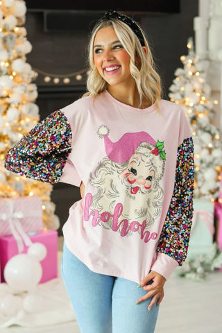 HoHoHo Santa Pink Sweatshirt w/Sequin Sleeves