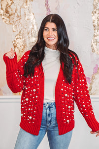 Embellished Pearl Red Knit Cardigan