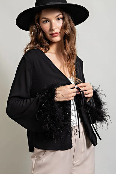 Feather Sleeve Black Top