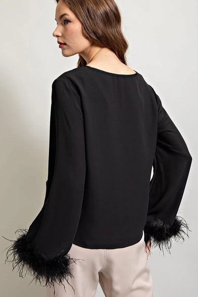 Feather Sleeve Black Top