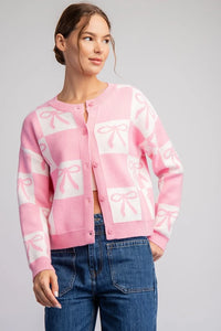 Pink Bow Checker Printed Sweater Cardigan