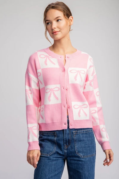 Pink Bow Checker Printed Sweater Cardigan