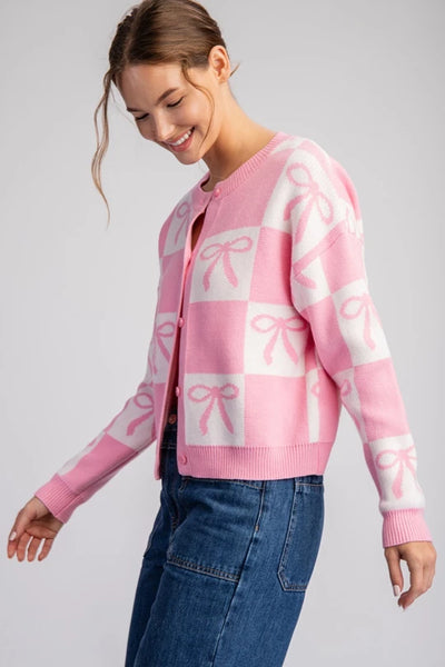 Pink Bow Checker Printed Sweater Cardigan