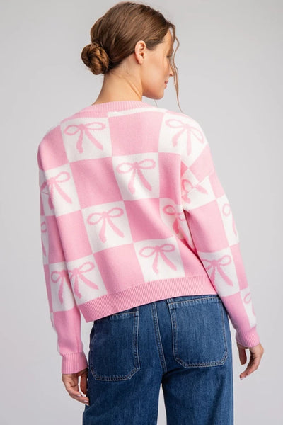 Pink Bow Checker Printed Sweater Cardigan