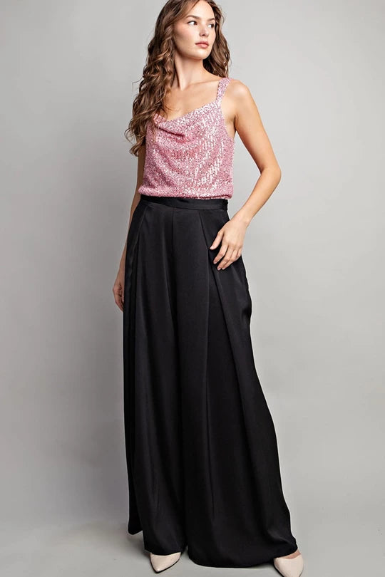 Black Satin Wide Leg Pants