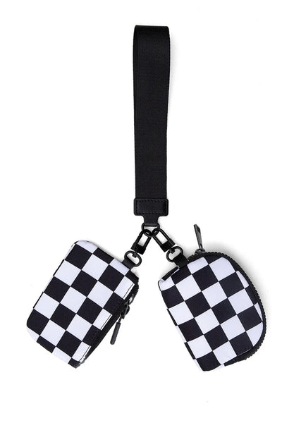 Double Pouch Wristlet, Black/White Check