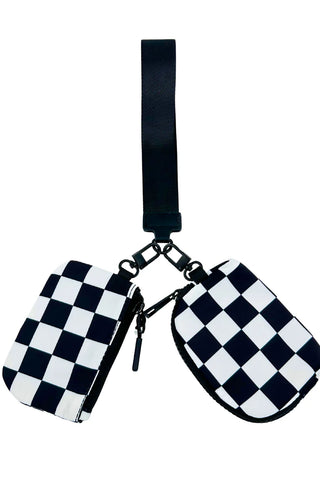 Double Pouch Wristlet, Black/White Check