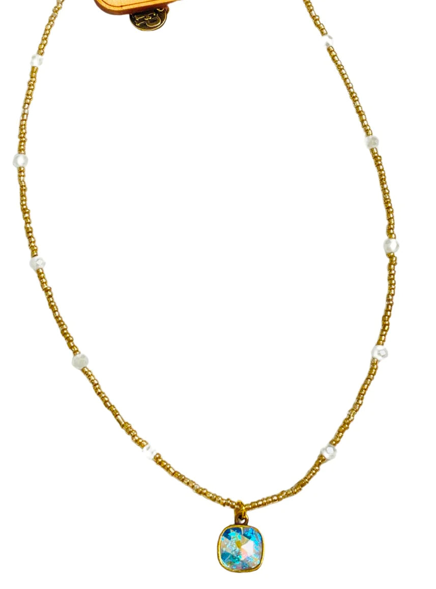 Gold Bead White Crystal Necklace